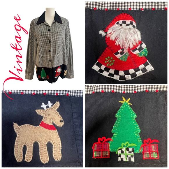 LEMON GRASS Vintage Christmas Shirt Santa Reindeer Appliqué Black Check SZ L - Picture 1 of 16
